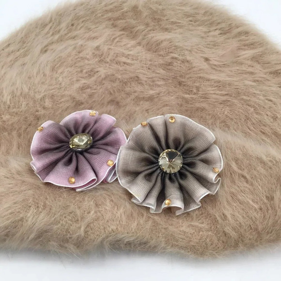 Women's Super Soft Beret Fuzzy Floral Ribbon Rhinestones Tan Pink Brown Feathers - Picture 7 of 9